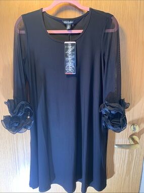New! Nina Leonard Black Midi Dress with Sheer Ruffle Sleeves - Size S
